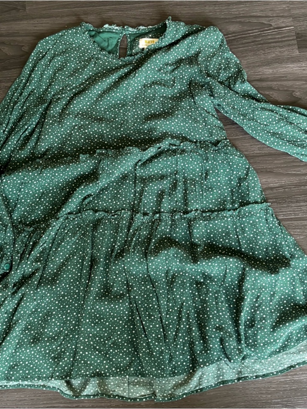 Mauve Forest Green Long Sleeve Tiered Polka Dot Dress
